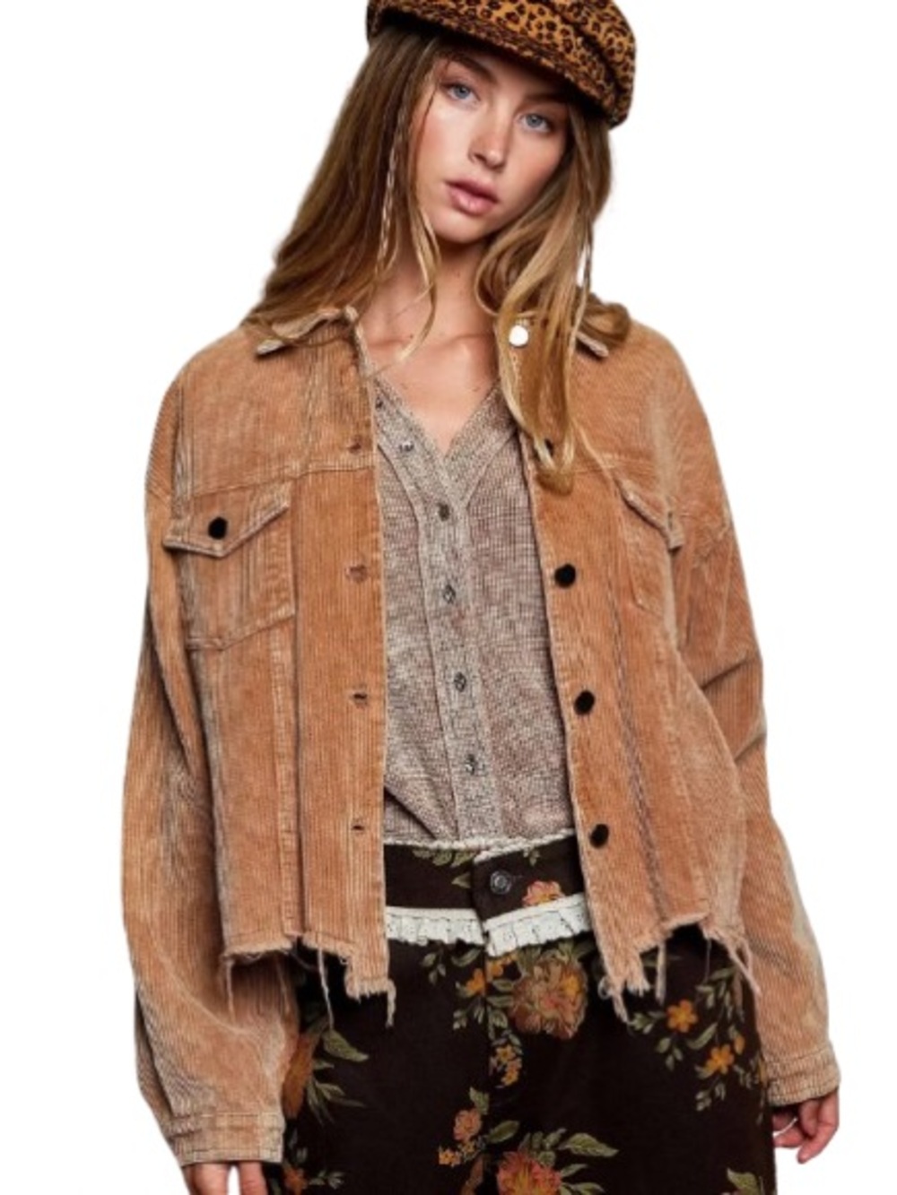 NWOT POL Frayed Hem Corduroy Trucker Jacket in Teddy Bear Size M